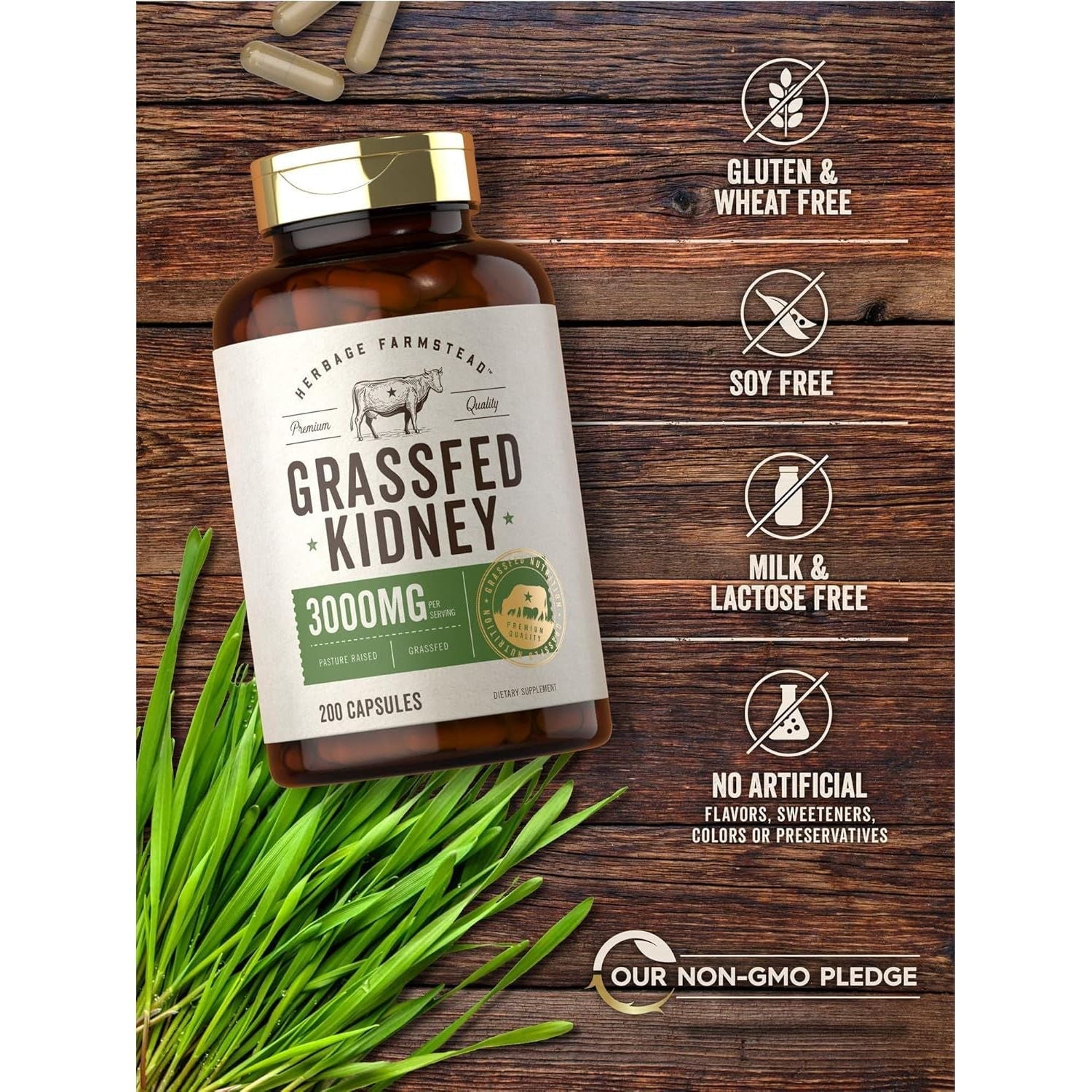 Carlyle Grass Fed Beef Kidney Supplement | 200 Capsules | 3000Mg | Hormone and Pesticide Free by Herbage Farmstead