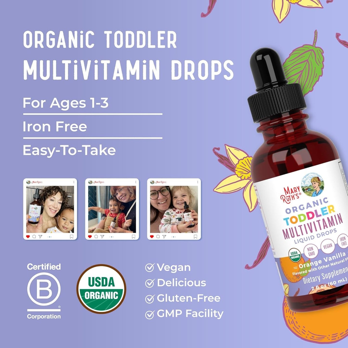 Maryruth Organics Kids Multivitamin for Toddlers for Kids Ages 1-3 | Toddler Immune Support & Overall Wellness | 2 Fl Oz