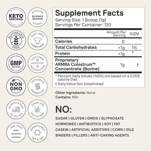 ARMRA Colostrum™ Premium Powder, Grass Fed, Gut Health Bloating Immunity Skin & Hair, 120 Servings