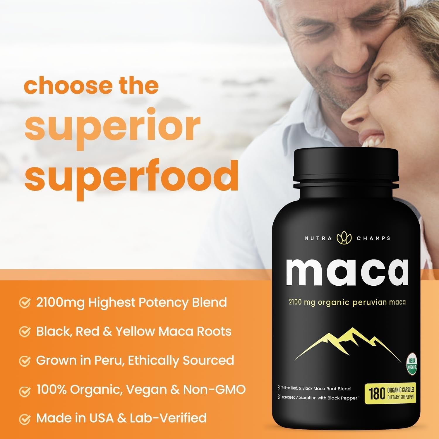 Nutrachamps USDA Organic Maca Root Capsules 2100Mg, 180 Capsules