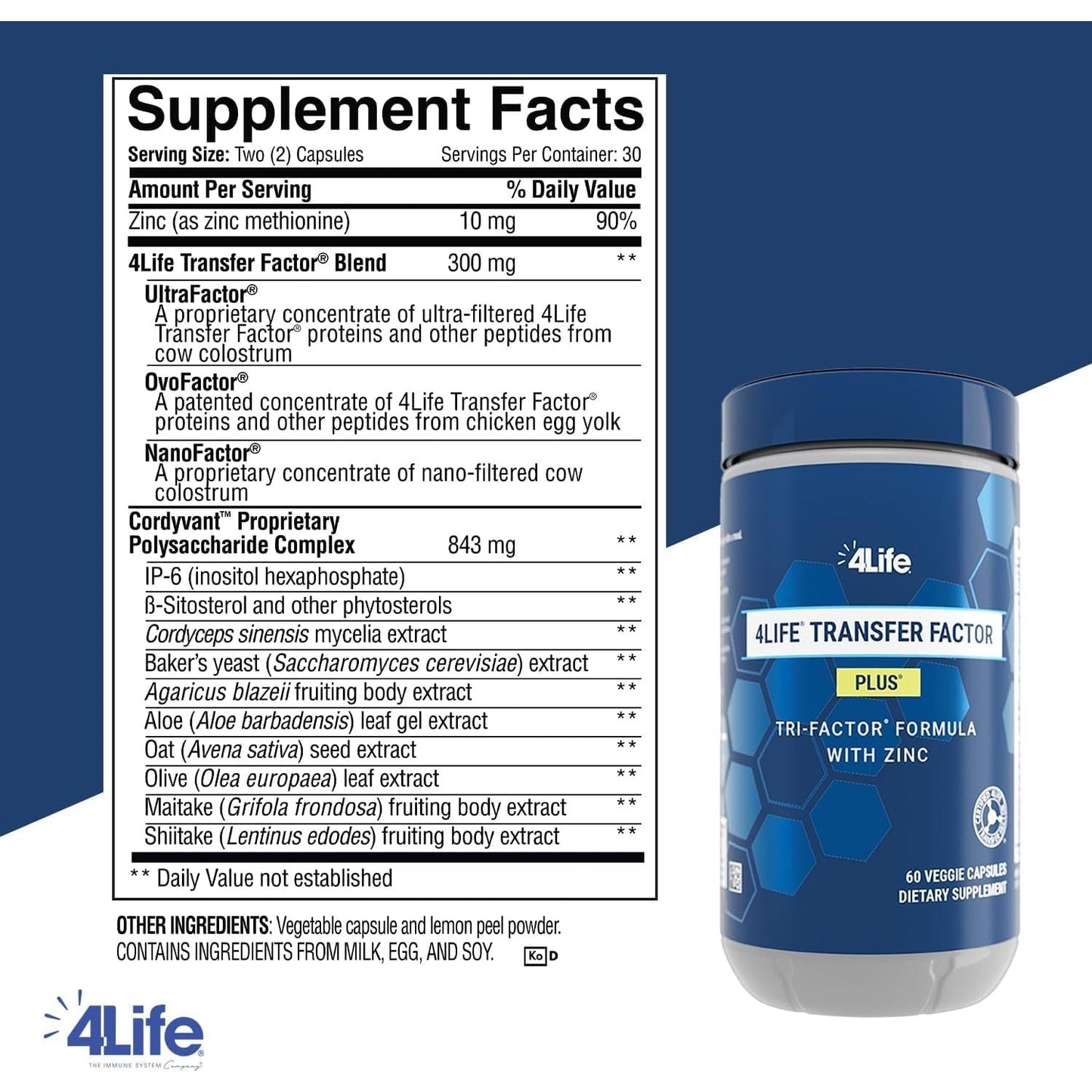 4Life Transfer Factor plus - Support with Zinc, Super Mushroom Blend and Colostrum & Egg Yolk Extracts - 60 Capsules