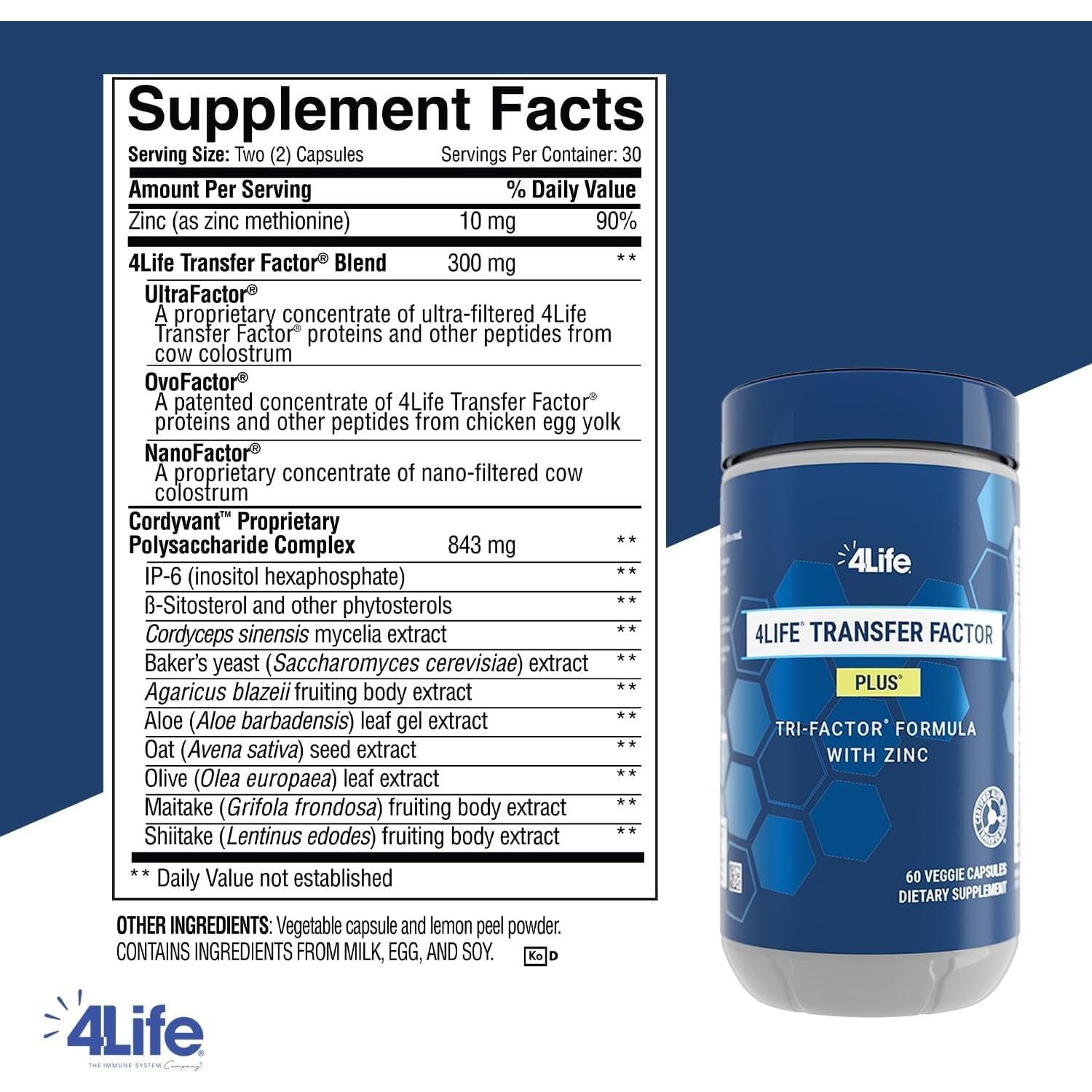 4Life Transfer Factor plus - Support with Zinc, Super Mushroom Blend and Colostrum & Egg Yolk Extracts - 60 Capsules