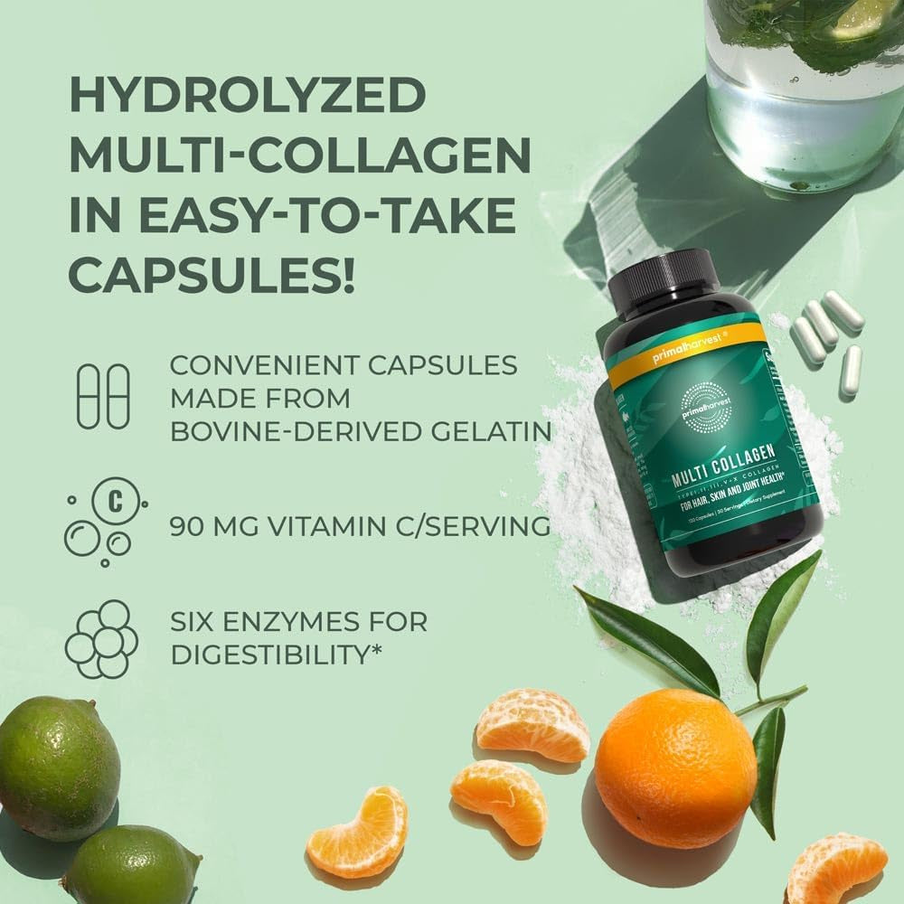 Primal Harvest Multi Collagen Pills for Women and Men (Type I, II, III, V, X) 120 Capsules W/Vitamin C