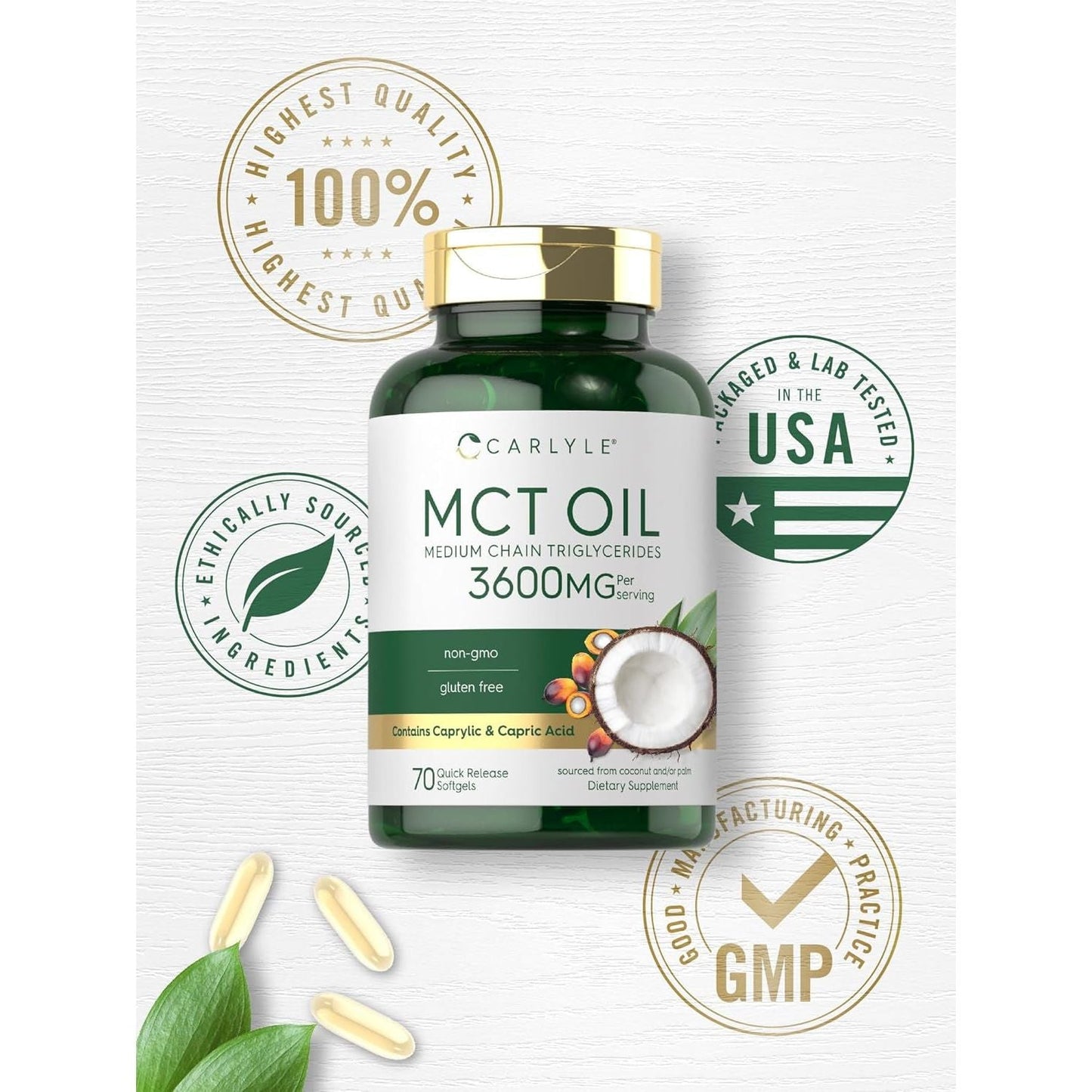 Carlyle MCT Oil Capsules 3600 Mg | 70 Softgels | Keto Coconut Oil Pills | Non-Gmo & Gluten Free Supplement