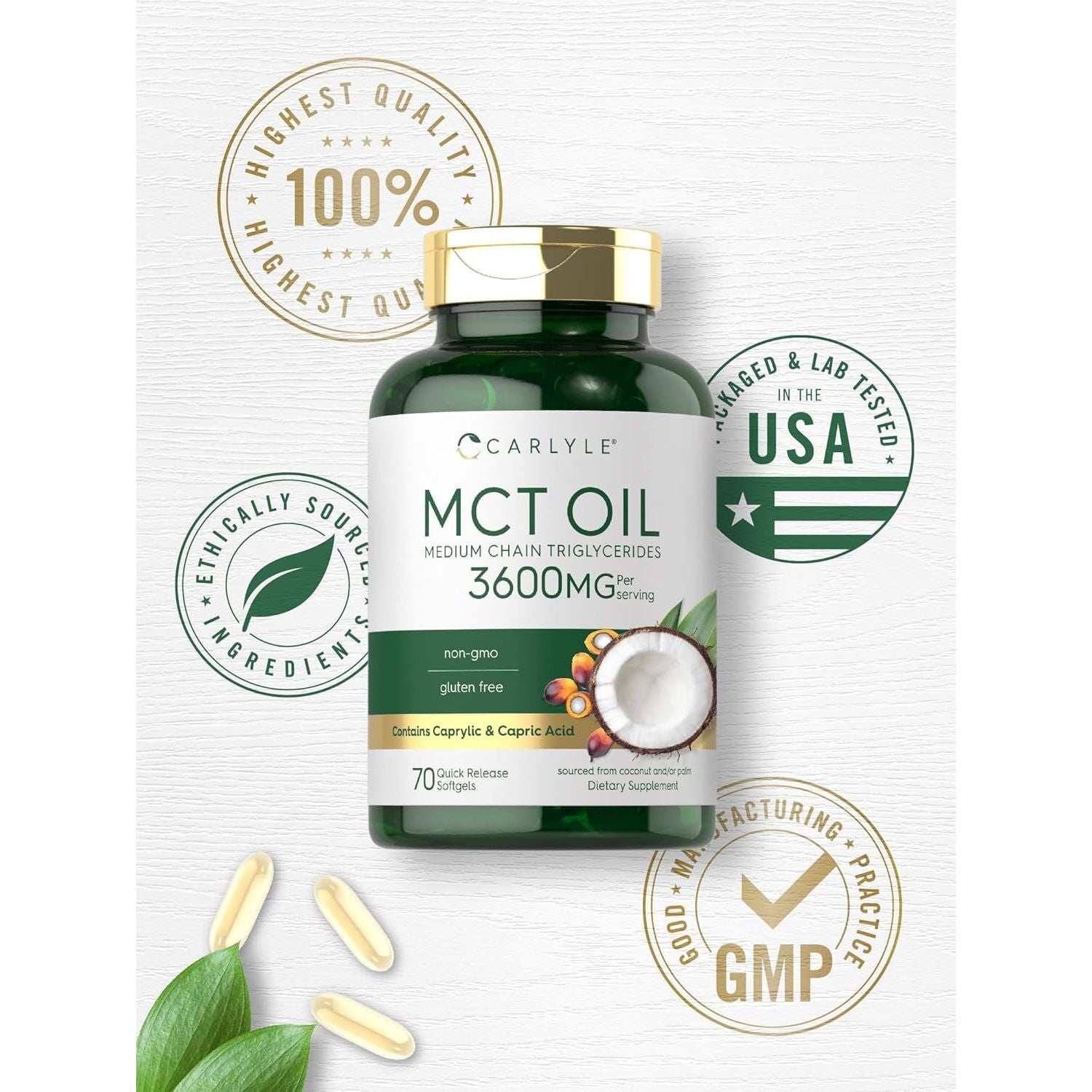 Carlyle MCT Oil Capsules 3600 Mg | 70 Softgels | Keto Coconut Oil Pills | Non-Gmo & Gluten Free Supplement