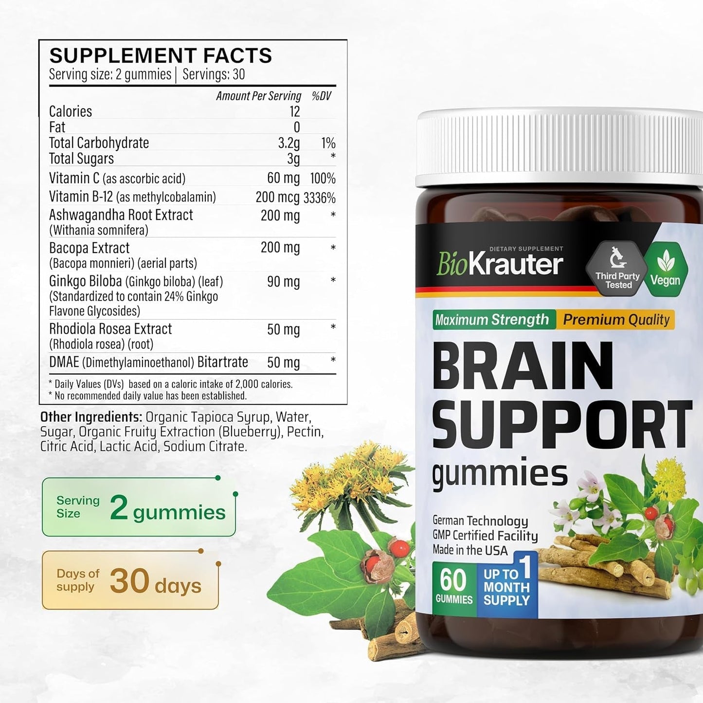 BIO KRAUTER Brain Support Gummies - Natural Brain Supplement - 60 Vegan Chews 