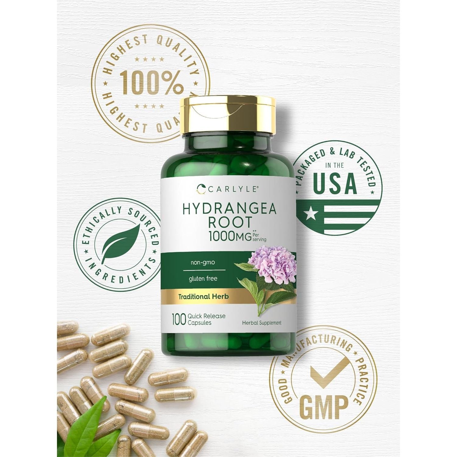 Carlyle Hydrangea Root Capsules | 1,000Mg | 100 Count | Non-Gmo, Gluten Free Extract