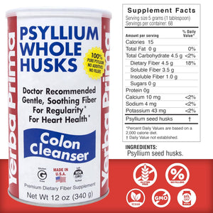 Yerba Prima Psyllium Husk, 12 Ounce - Whole Husk Fiber Supplement, Vegan, No Sugar or Artificial Sweeteners
