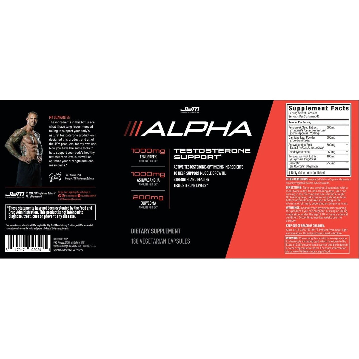 Alpha JYM Testosterone Support | Male Vitality, Hormone Optimization 180 Capsules