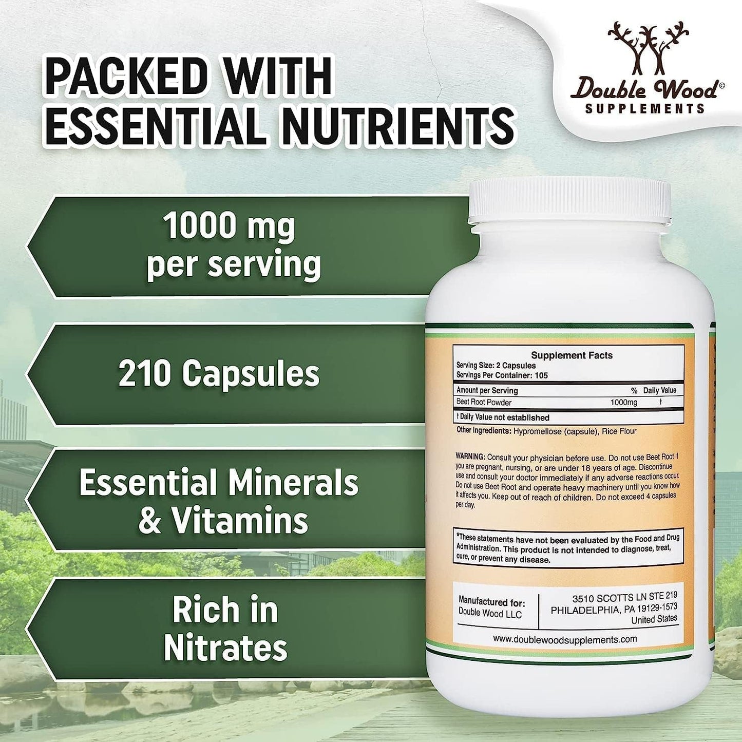 Beet Root Powder Capsules (Organic and Vegan) (210 Count, 1,000Mg per Serving) - Super Food from Beets with High Nitrate for Overall Health Support by Double Wood