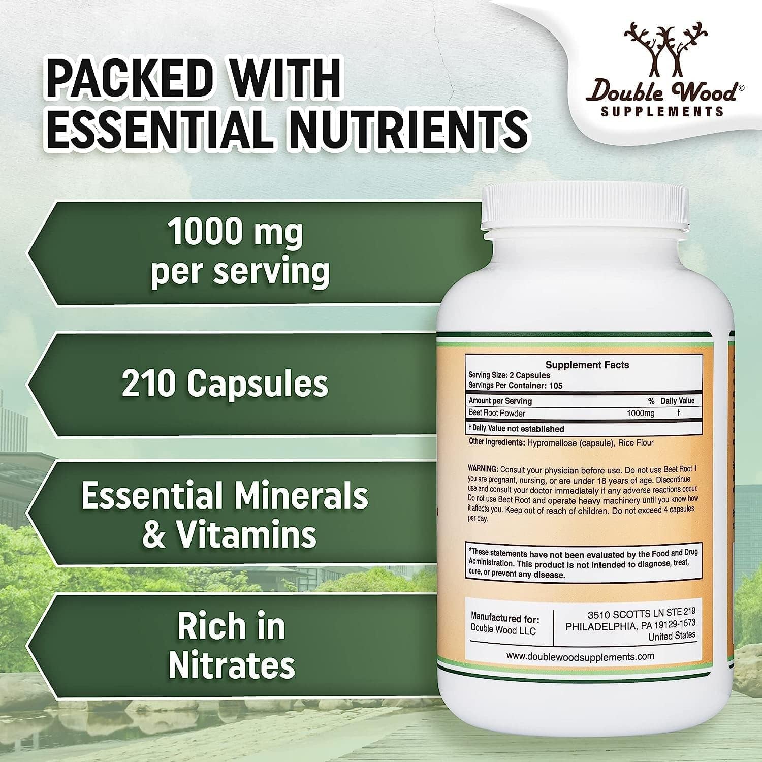 Beet Root Powder Capsules (Organic and Vegan) (210 Count, 1,000Mg per Serving) - Super Food from Beets with High Nitrate for Overall Health Support by Double Wood