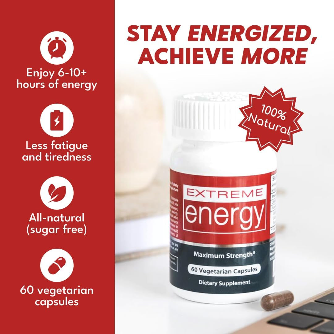 Extreme Energy Pills - Maximum Strength All-Natural Energy Supplements for Fatigue, Focus, Motivation (60 Ct)