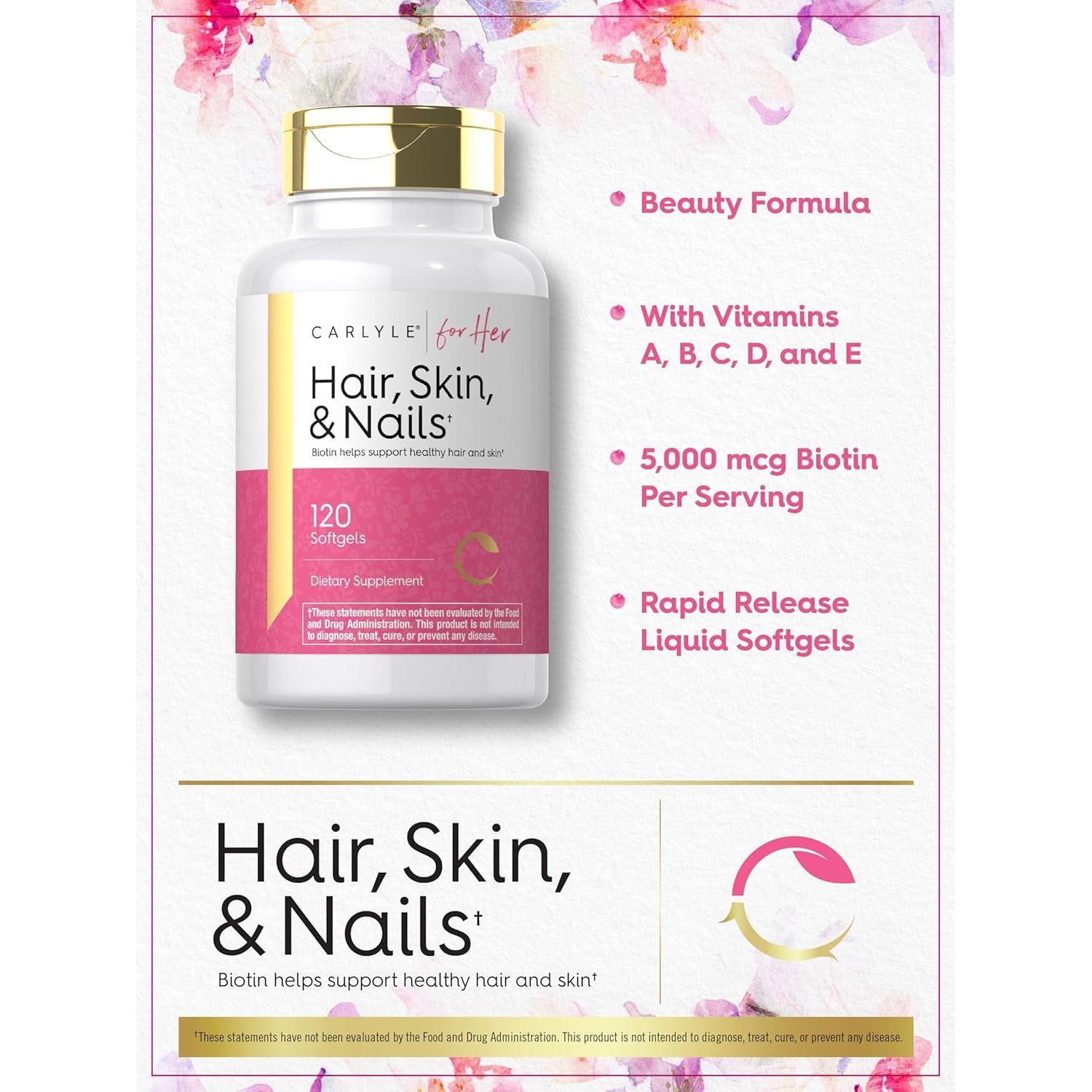 Carlyle Hair Skin and Nails Vitamin | 120 Softgels | Beauty Formula Supplement | with Biotin and Collagen | Non-Gmo, Gluten Free