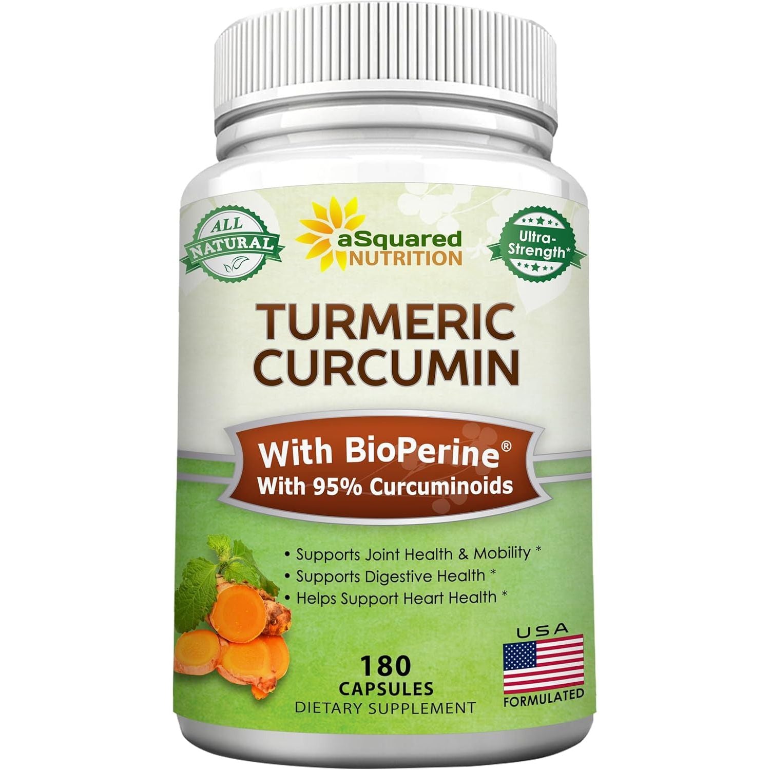 Asquared Nutrition Turmeric Curcumin 1300Mg with Bioperine Black Pepper Extract - 180 Capsules