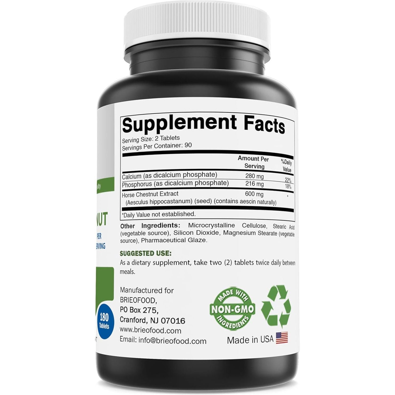 Brieofood Horse Chestnut Extract 600 Mg - Supports Healthy Circulation & Fluid Balance in the Legs* 180 Tablets