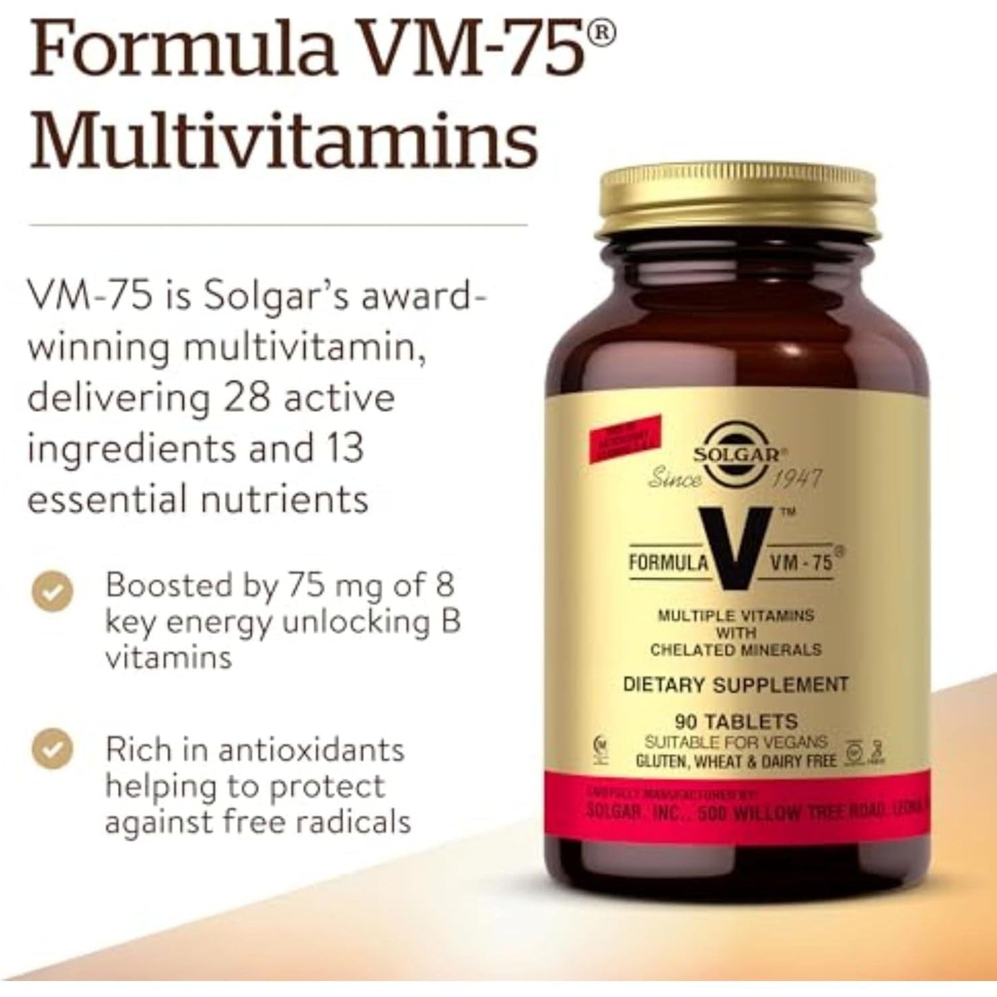 Solgar Formula VM-75, 90 Tablets - Multivitamin with Chelated Minerals - Vitamin A, B6, B12, C, D, E - Biotin, Magnesium, Calcium, Iron, Zinc, - Vegan, Gluten Free, Dairy Free, Kosher - 90 Servings