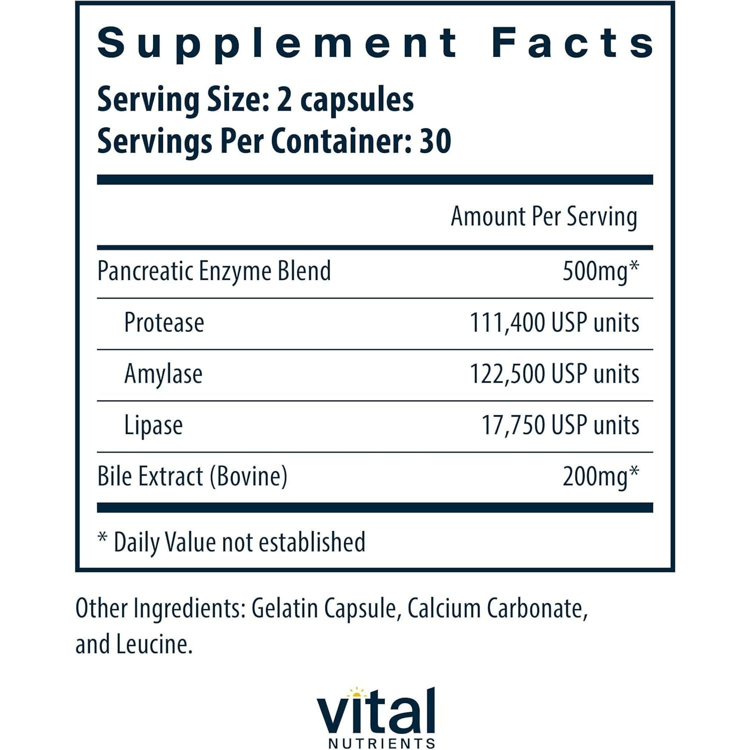 Vital Nutrients Pancreatin & Ox Bile Extract 500Mg | Natural Digestive Enzymes for Women & Men | 60 Capsules