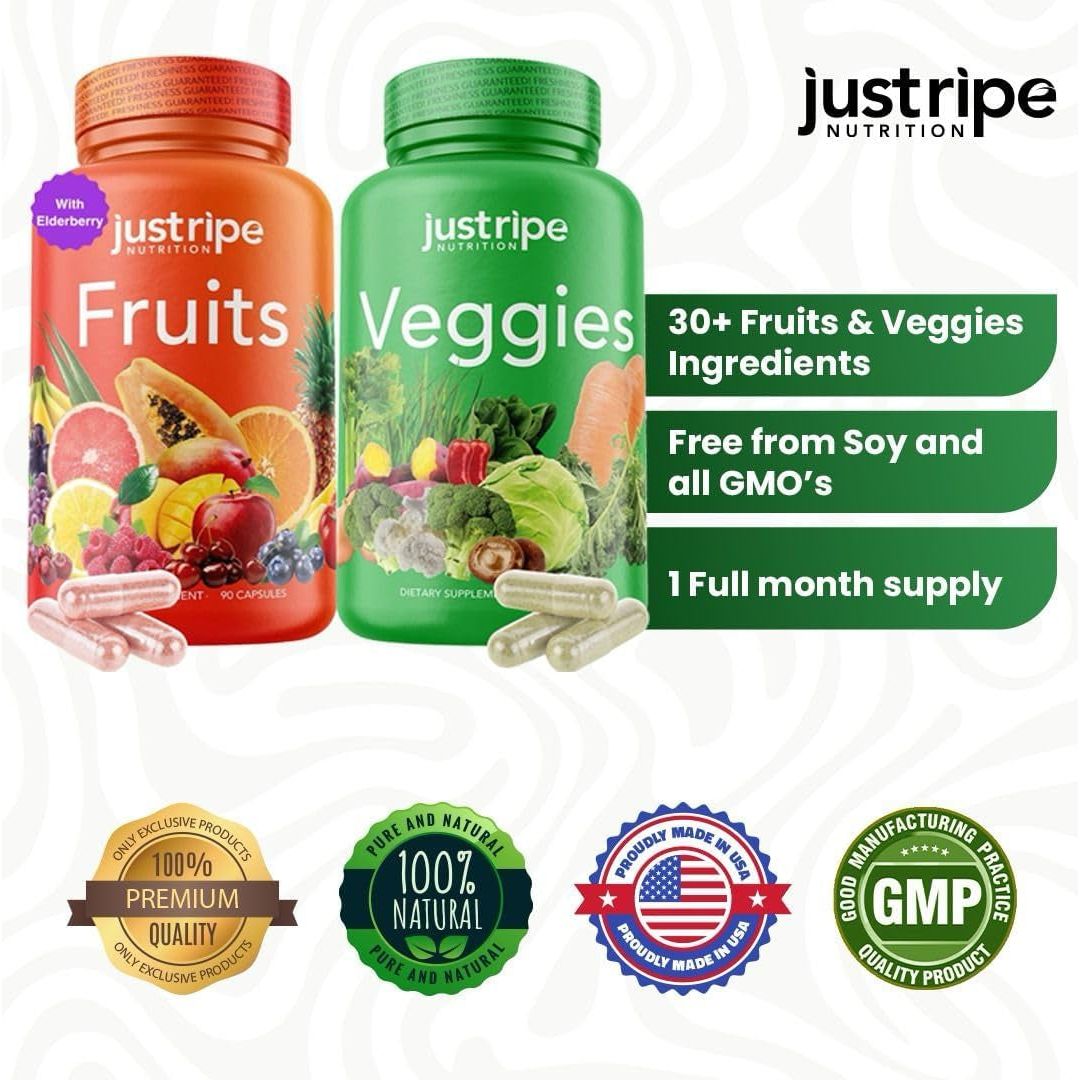 Fruits and Veggies Supplement - 90 Fruit and 90 Vegetable Capsules - 100% Whole Natural Superfood - Supports Energy Levels 