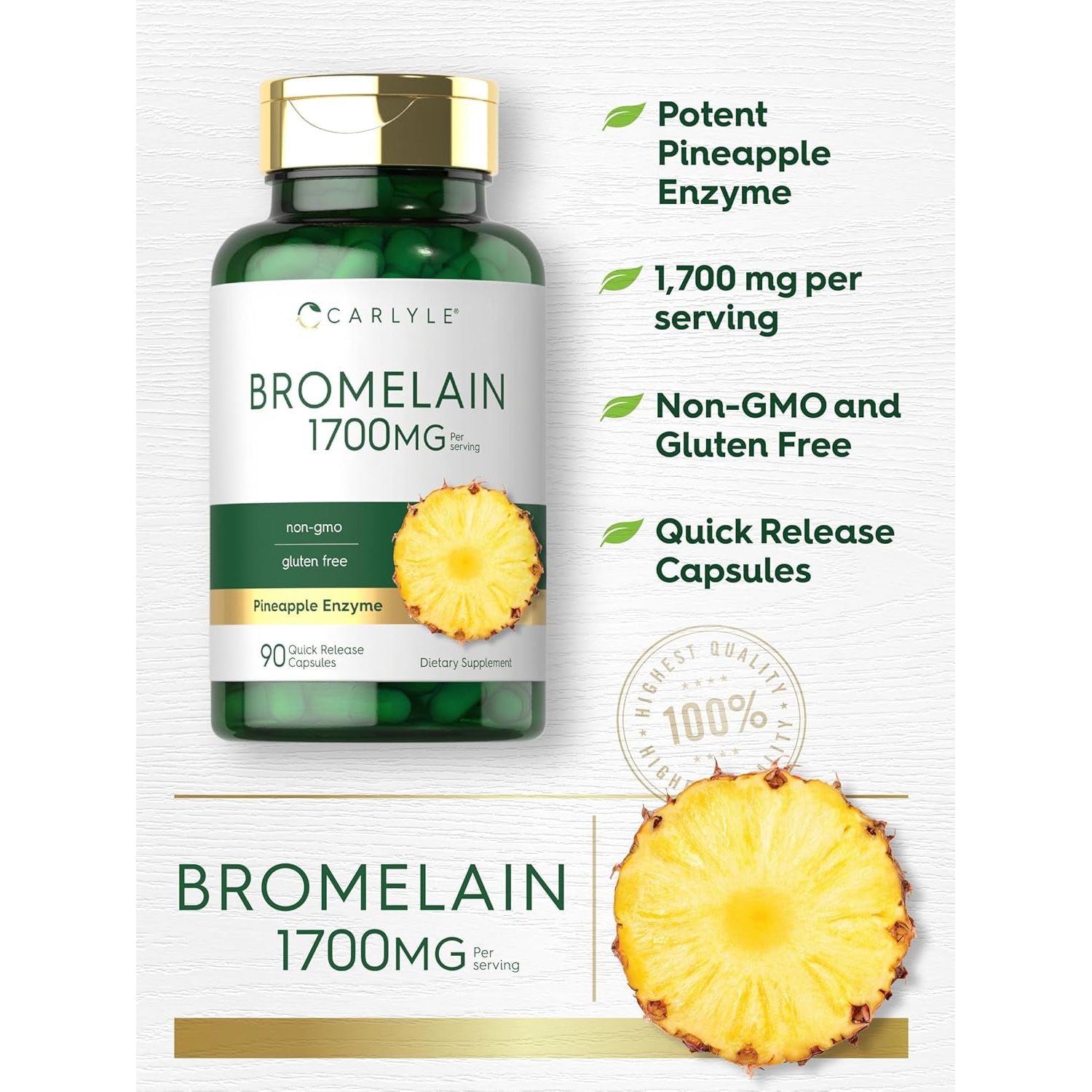 Carlyle Bromelain 1700 Mg | 90 Capsules | Pineapple Enzyme Supplement 