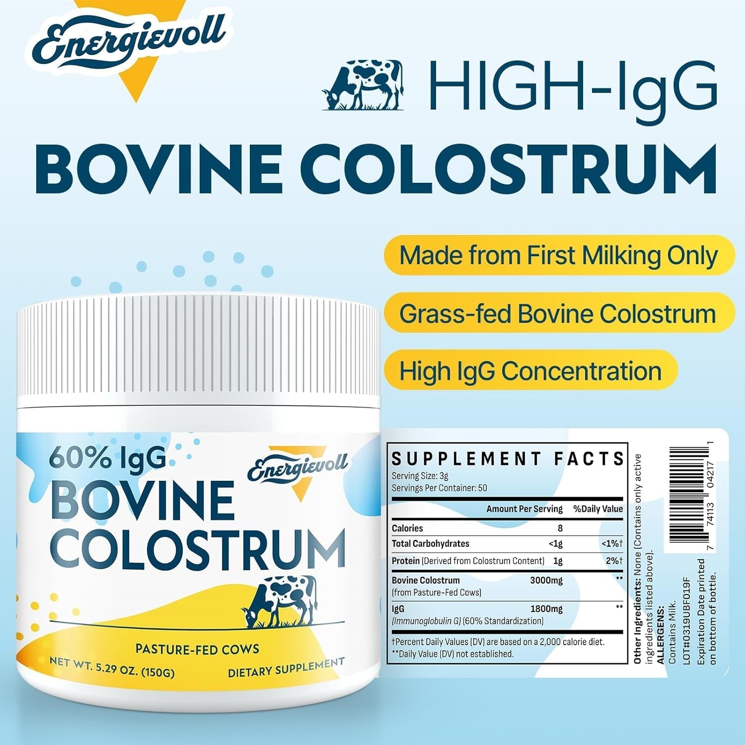 Bovine Colostrum Supplement Powder - 60% Igg 3000 Mg for Gut, Hair Growth, Beauty, and Immune - (50 Servings)