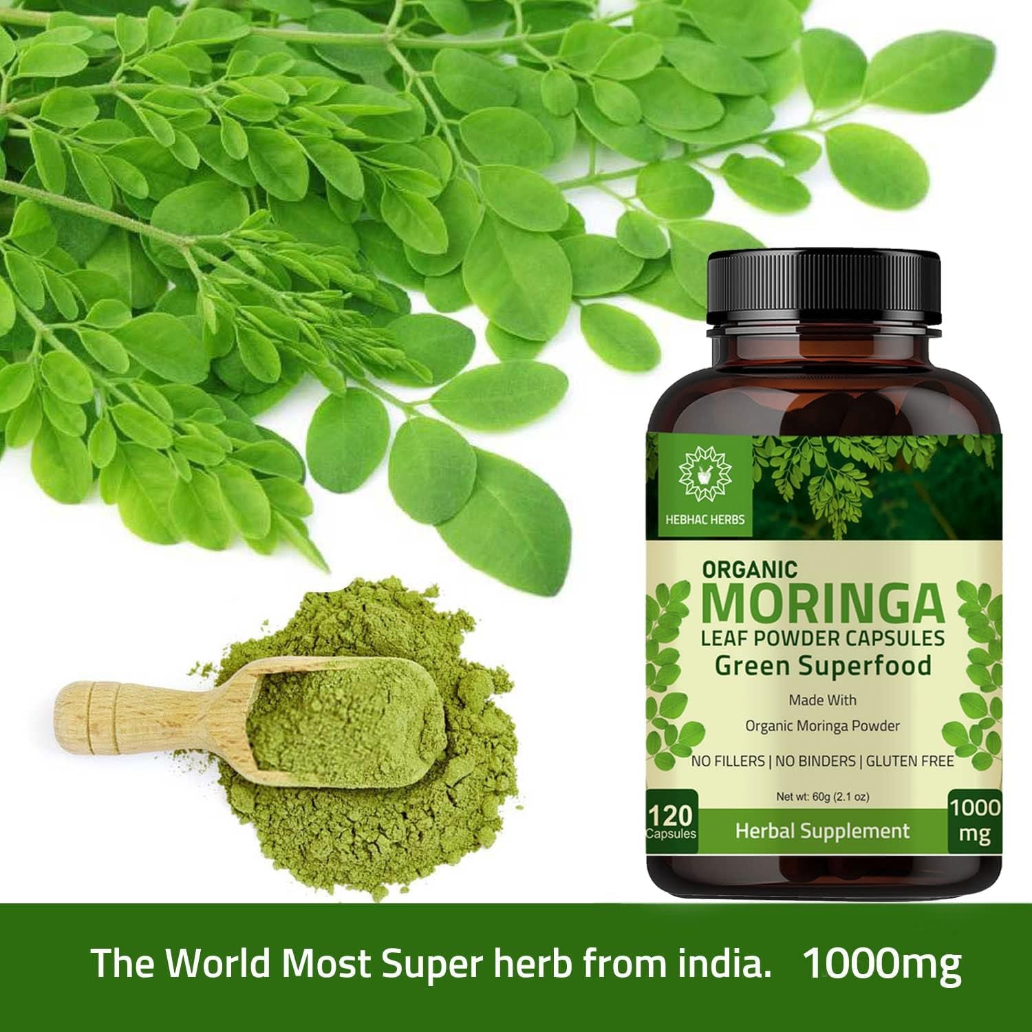 Organic Moringa Capsules –  Energy, Metabolism, & Immune Support 120 Capsules 1000Mg