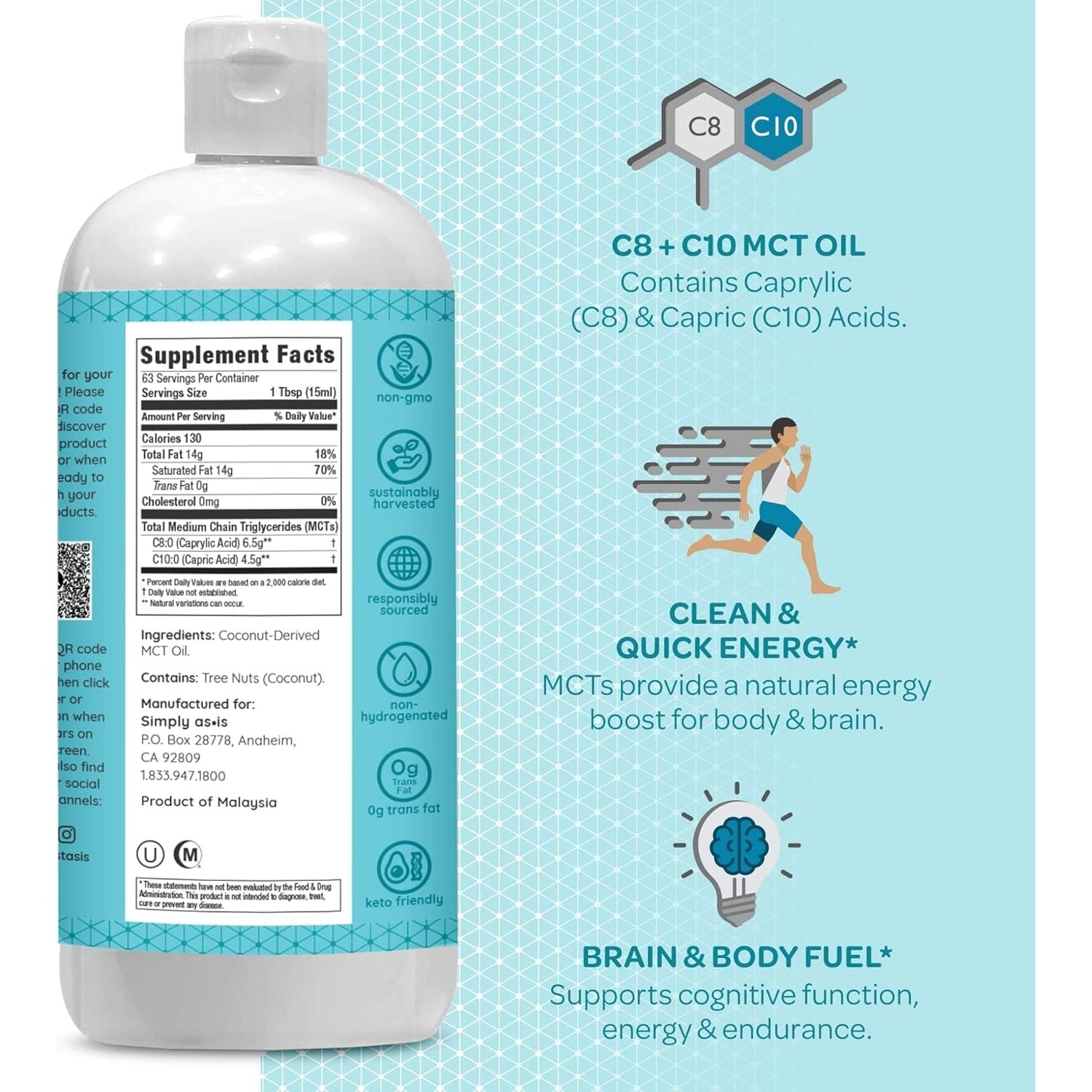 AS-IS Simply Premium MCT Oil C8 & C10 | Unflavored | Quick Clean Energy | 32 Fl Oz (63 Servings)