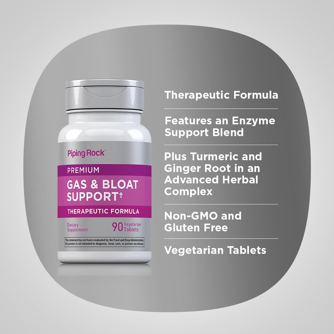 Piping Rock Bloat & Gas Support | Supplement with Enzymes, Turmeric, Ginger & More | 90 Tablets
