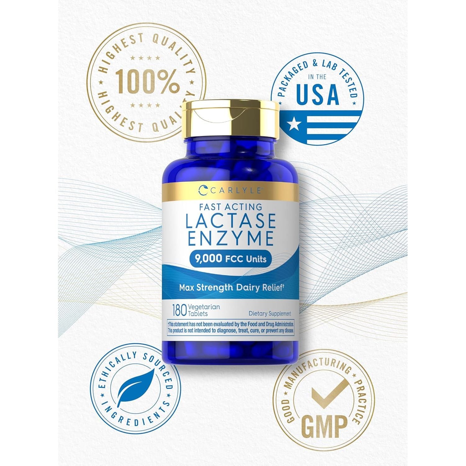 Carlyle Lactase Enzyme Pills 9000 FCC | 180 Tablets | Fast Acting Dairy Relief Supplement