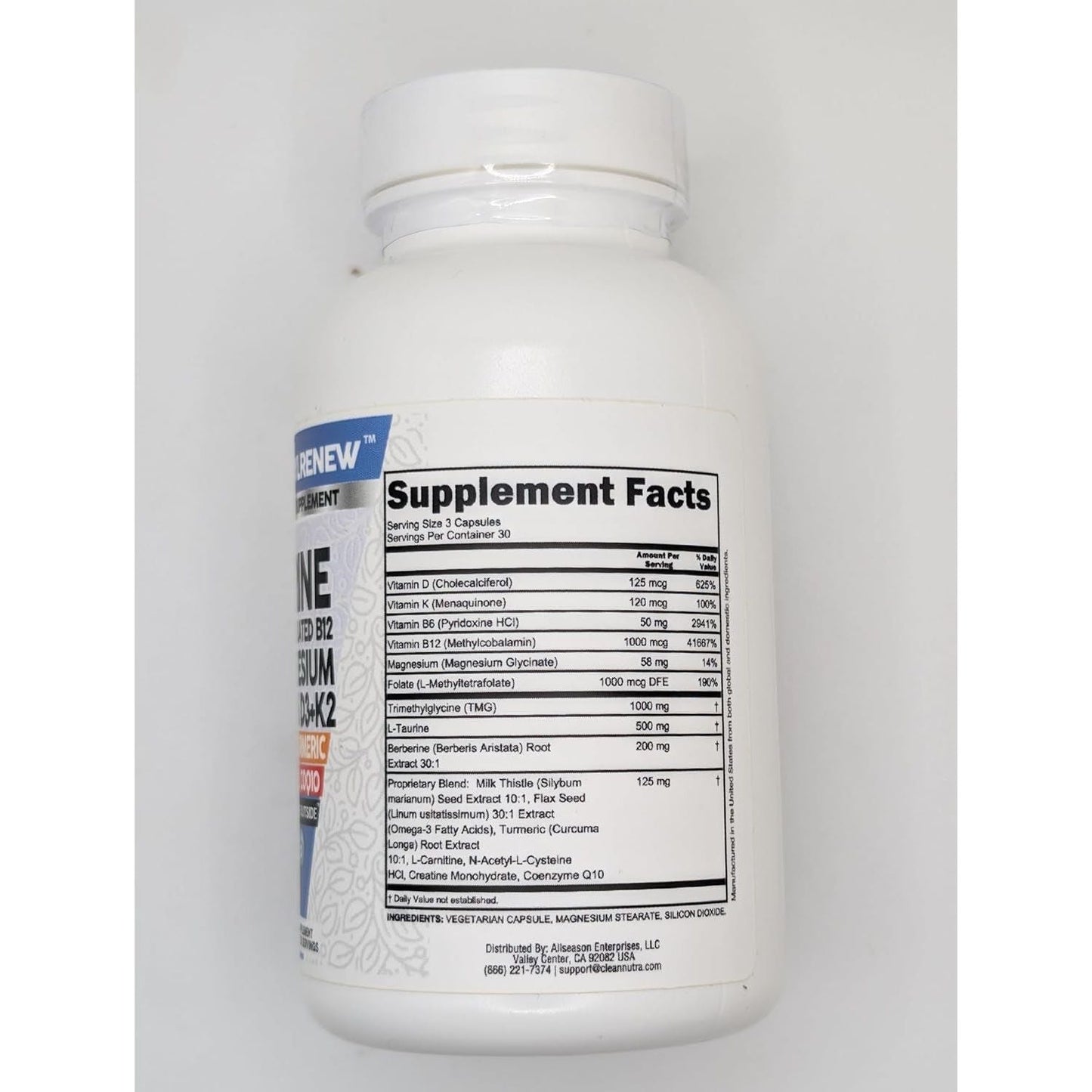 Clean Nutra Methylated Multivitamin for Women & Men TMG Taurine Supplement