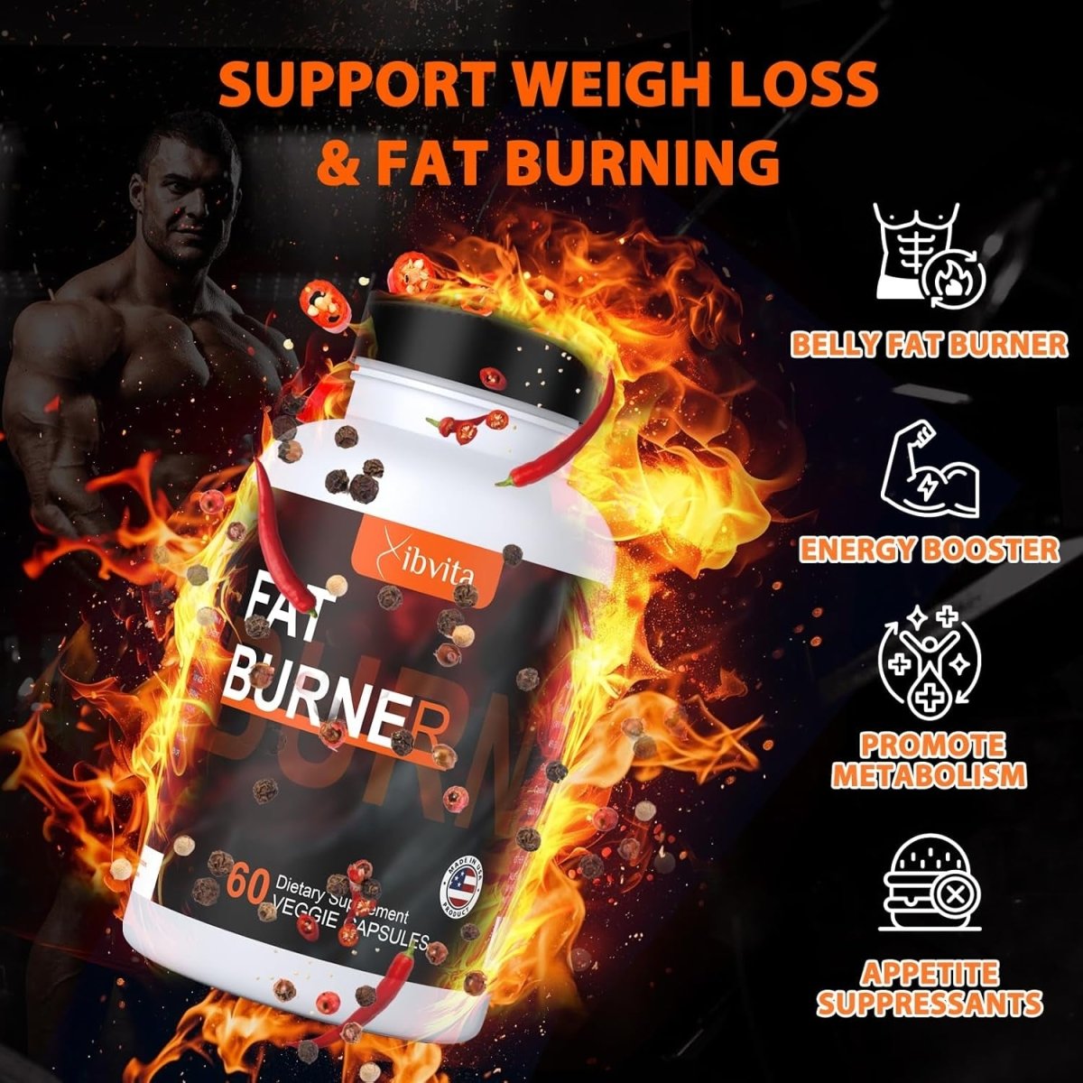 Fat Burner for Men Women - Appetite Suppressant for Weight Loss Supplement, Metabolism, Belly Fat Burning with Acetyl L - Carnitine, Green Tea Extract and More, 60 Count - Suppviv