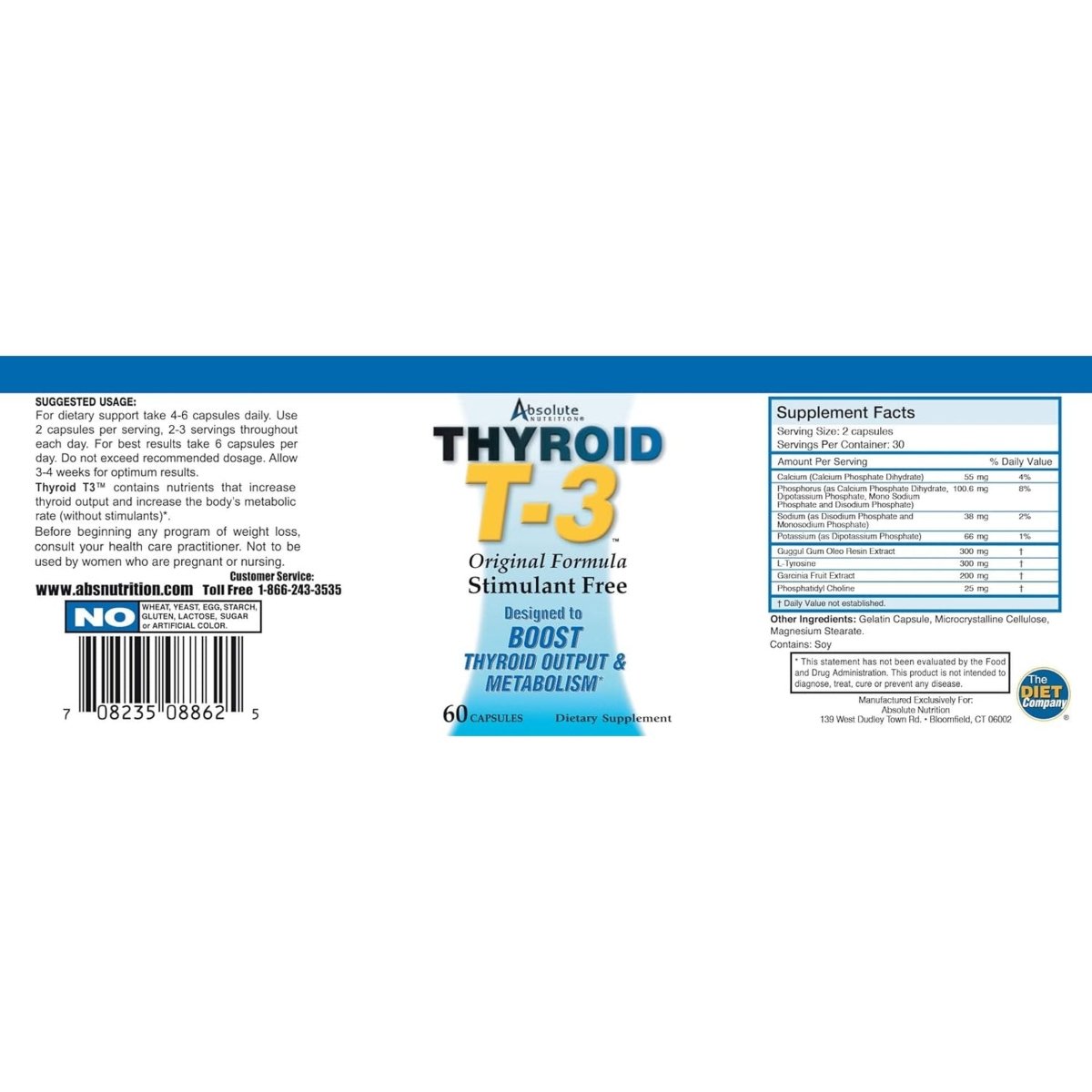 Fat Burning Metabolism Boosting Supplement, Thyroid T - 3, 60 Capsules - Suppviv