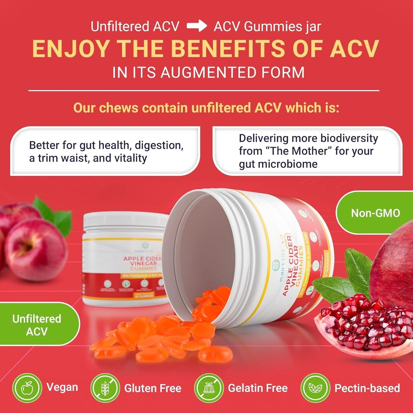 Detox Apple Cider Vinegar Gummies for Adults - Improved Gut Health, Energy, Digestion & Immune Support (90 Chews)