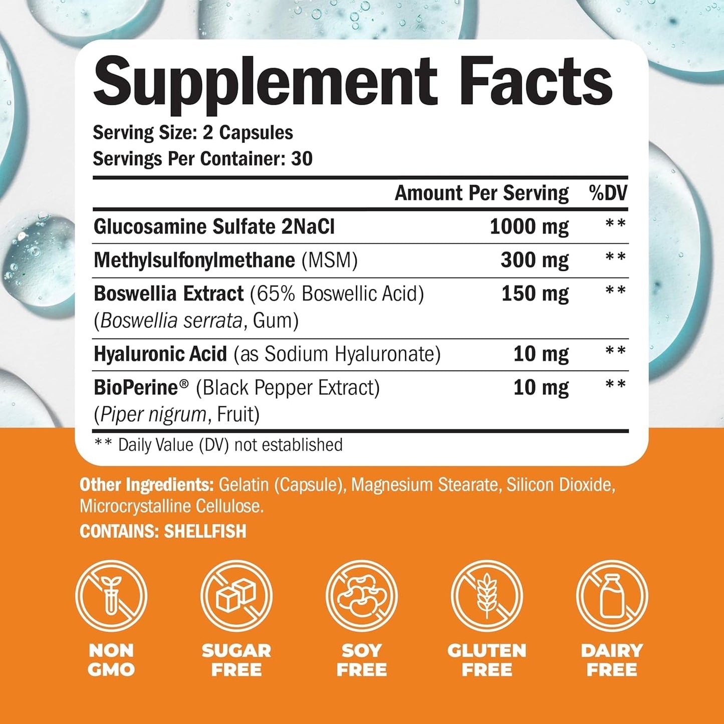 Glucosamine Sulfate with Hyaluronic Acid, Bioperine, MSM & Boswellia for Joint Health, Flexibility and Comfort. 60 Capsules