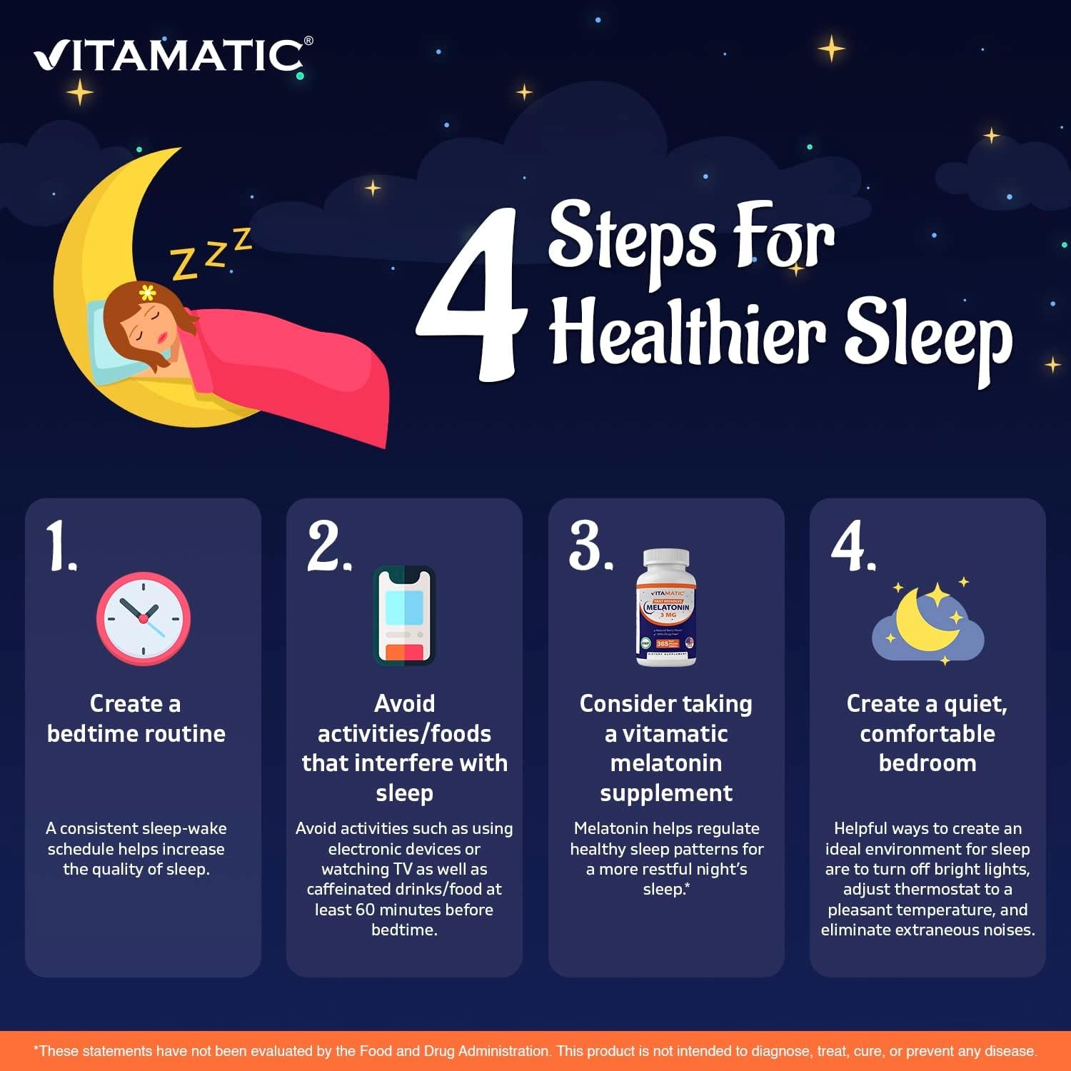 Vitamatic Melatonin 3Mg Tablets 1 Year Supply - Natural Berry Flavor - 365 Tablets
