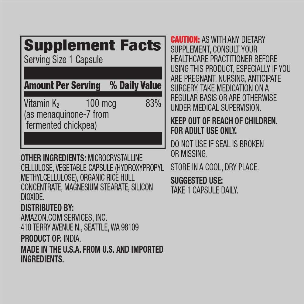 Amazon Elements Vitamin K2 100 Mcg, Vegan, 65 Capsules, 2 Month Supply