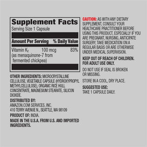 Amazon Elements Vitamin K2 100 Mcg, Vegan, 65 Capsules, 2 Month Supply