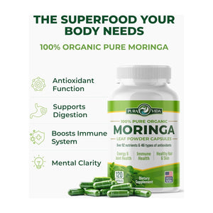 PURA VIDA MORINGA Capsules Single Origin Moringa Powder Organic 120Count. 500Mg