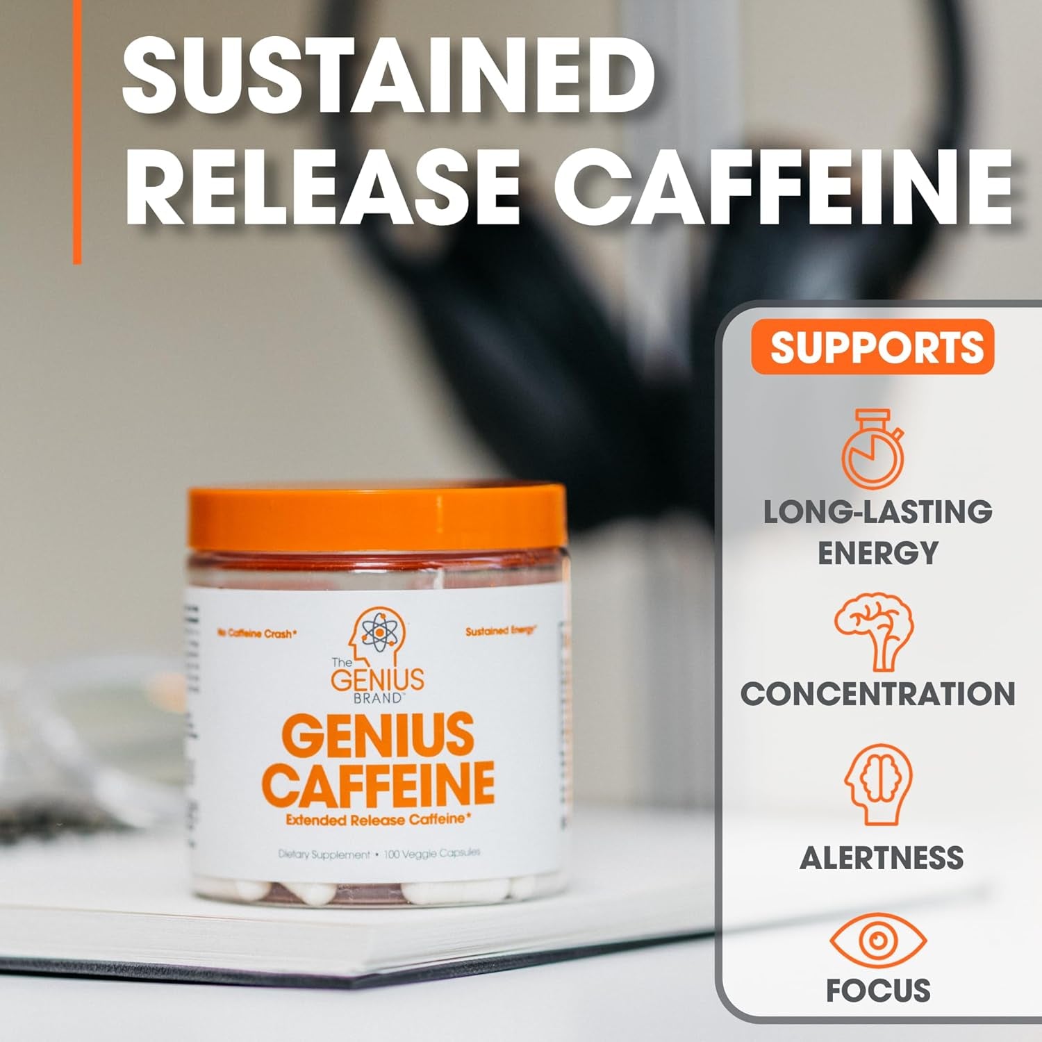 Genius Caffeine Pills 100Mg, Extended-Release Microencapsulated Caffeine Pills 100 Capsules