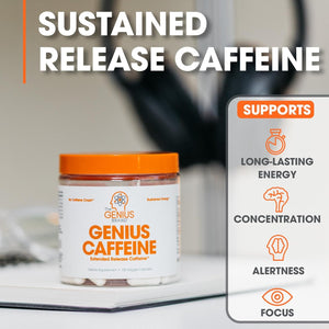 Genius Caffeine Pills 100Mg, Extended-Release Microencapsulated Caffeine Pills 100 Capsules