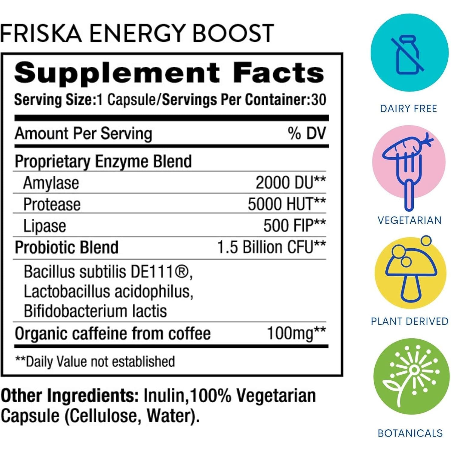 FRISKA Energy Boost Enzyme and Probiotics Supplement, Promotes Better Digestion and Energy 30 Capsules