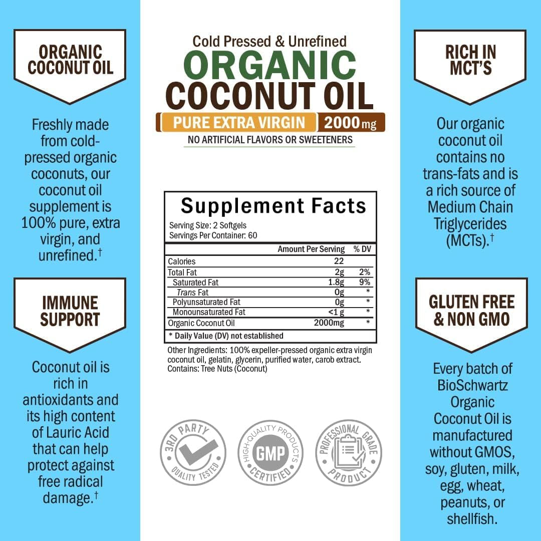 Coconut Oil Capsules 2000Mg - Organic Pure Extra Virgin Unrefined Cold Pressed MCT Rich 120Count