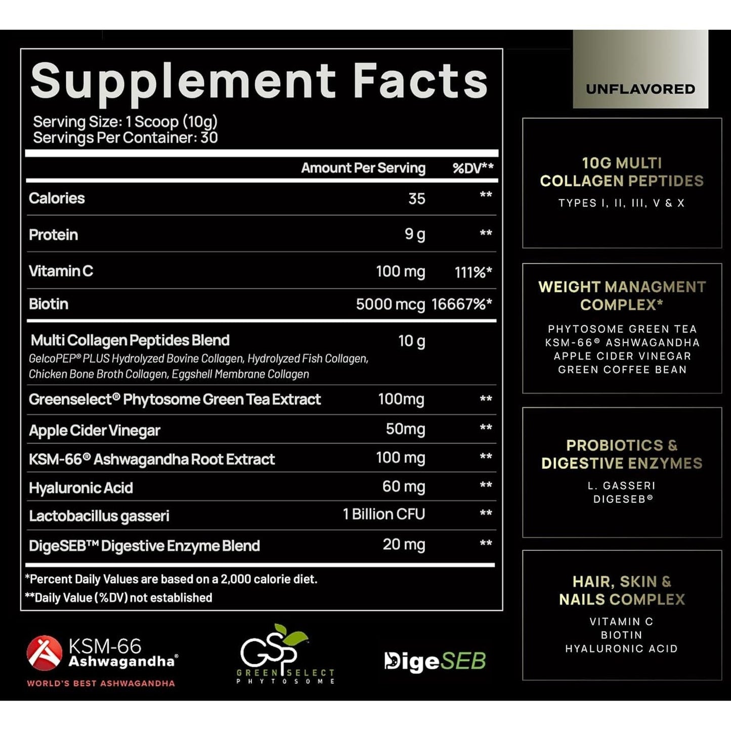 ELMNT Super Collagen Powder for Women Weight Loss + Beauty W. Probiotics, Hyaluronic Acid, ACV, KSM-66, Biotin (Unflavored)