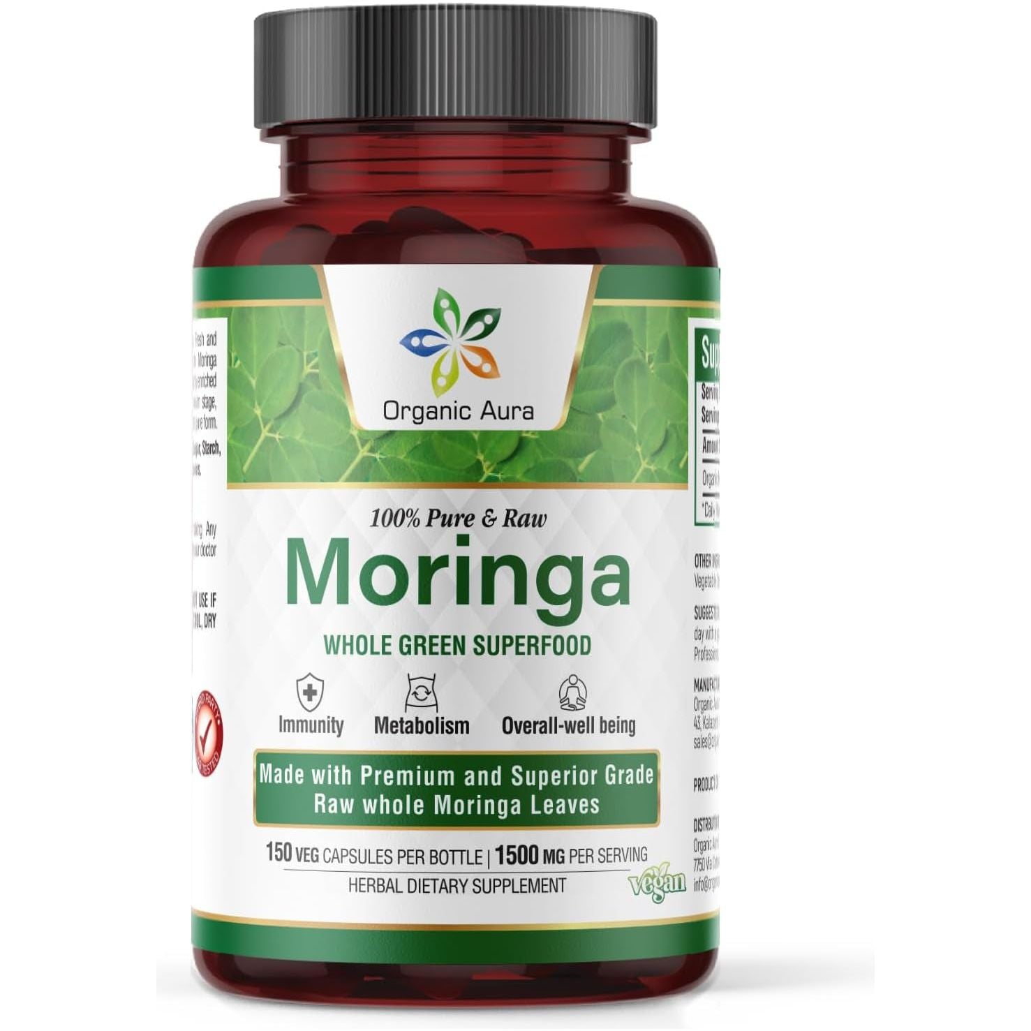 Organic Aura Moringa Leaf Capsules 1500Mg - Boosts Metabolism, Energy, Health, & Stamina