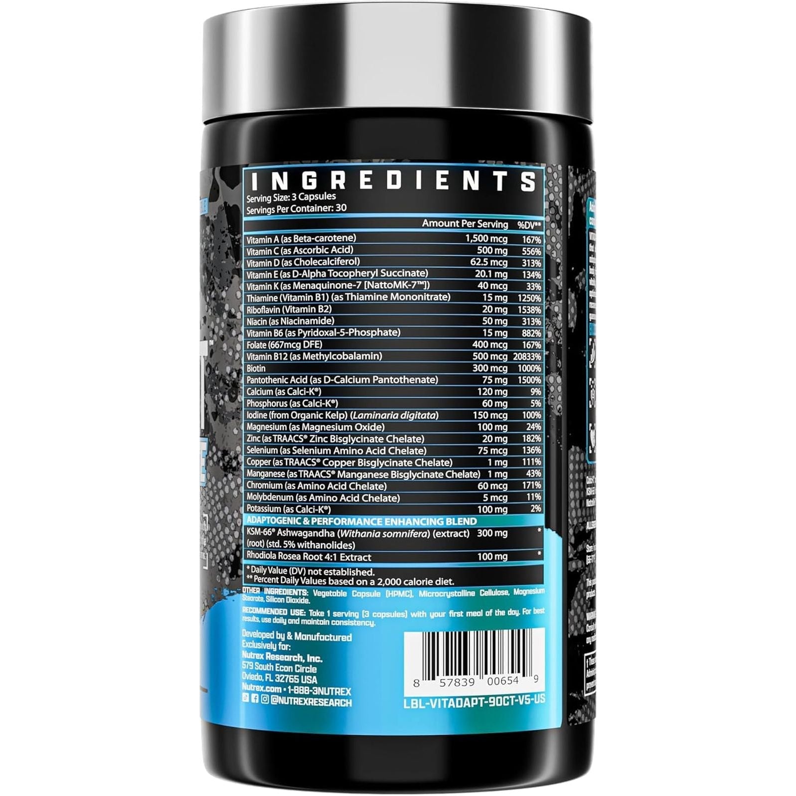 Nutrex Research Vitadapt Complete Sports Multivitamin for Men - 24 Vitamins, KSM-66 Ashwagandha and Minerals for Athletes (90 Capsules)