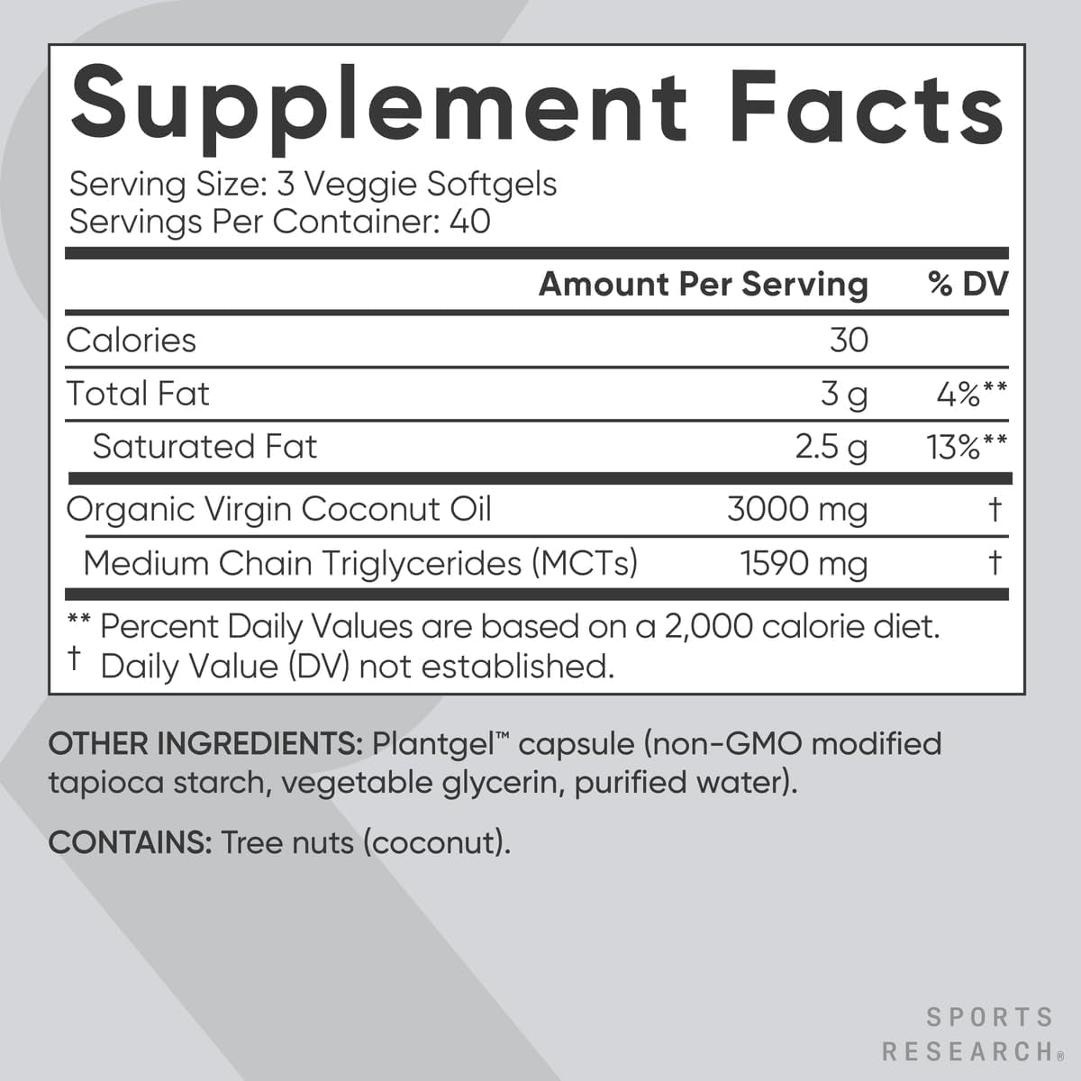 Sports Research® Organic Coconut Oil Capsules 3000MG - Cold Pressed Extra Virgin Coconut Oil 120 Softgels
