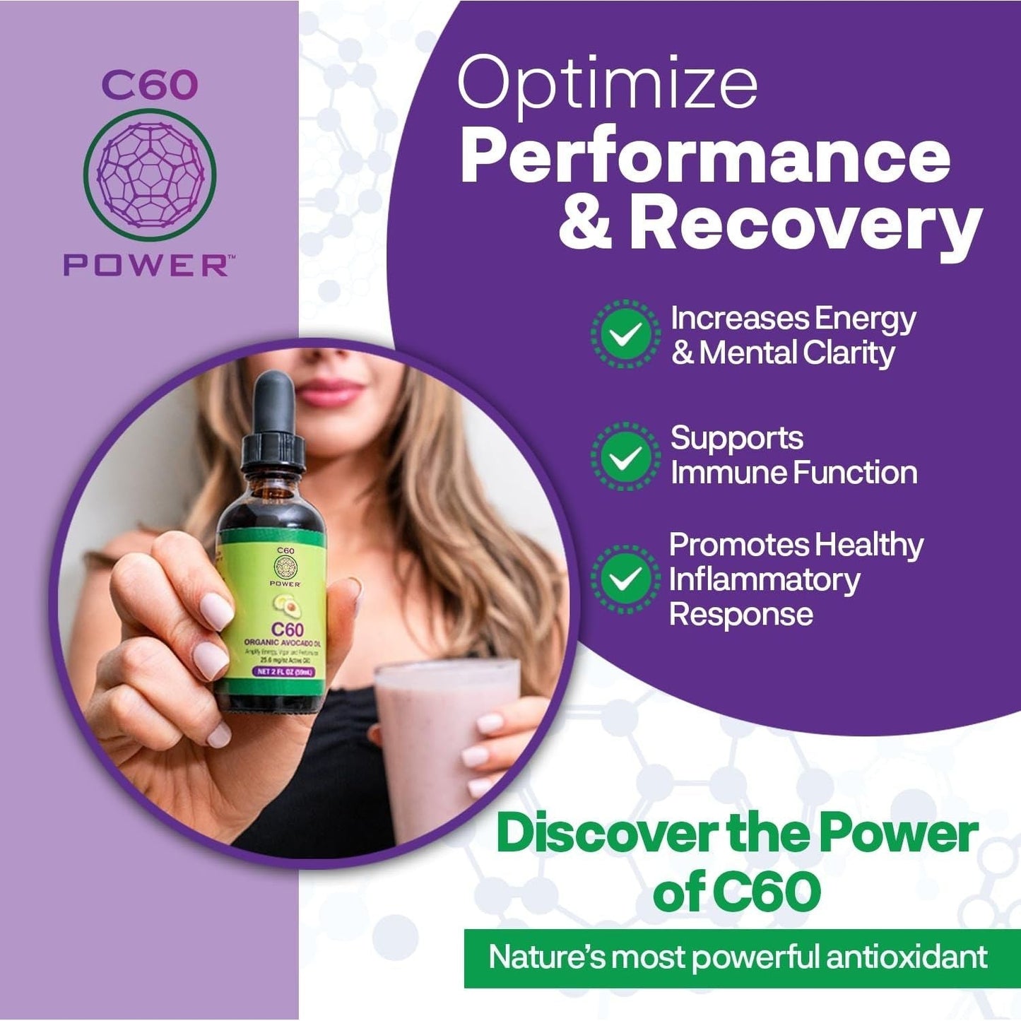 C60 Power - Organic MCT Coconut Oil, 2 Fl Oz, 99.99% Pure Carbon Fullerenes, Lift Oxidative Burden, Optimize Mitochondrial Function