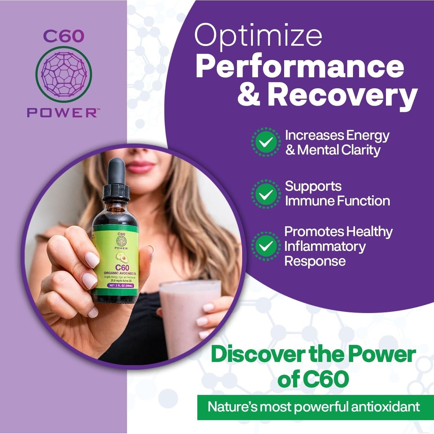 C60 Power - Organic MCT Coconut Oil, 2 Fl Oz, 99.99% Pure Carbon Fullerenes, Lift Oxidative Burden, Optimize Mitochondrial Function