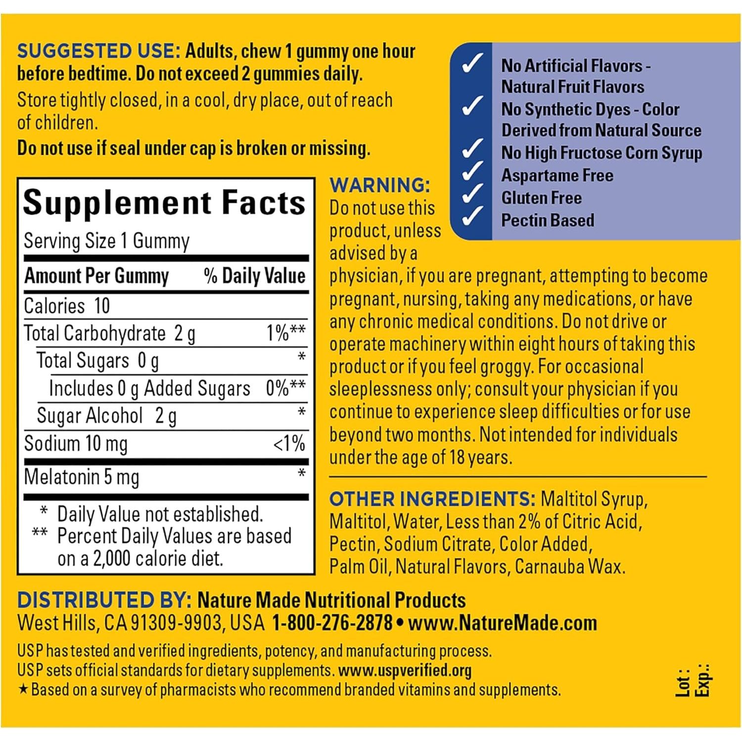 Nature Made Zero Sugar Melatonin 5Mg Extra Strength Gummies 70 Day Supply