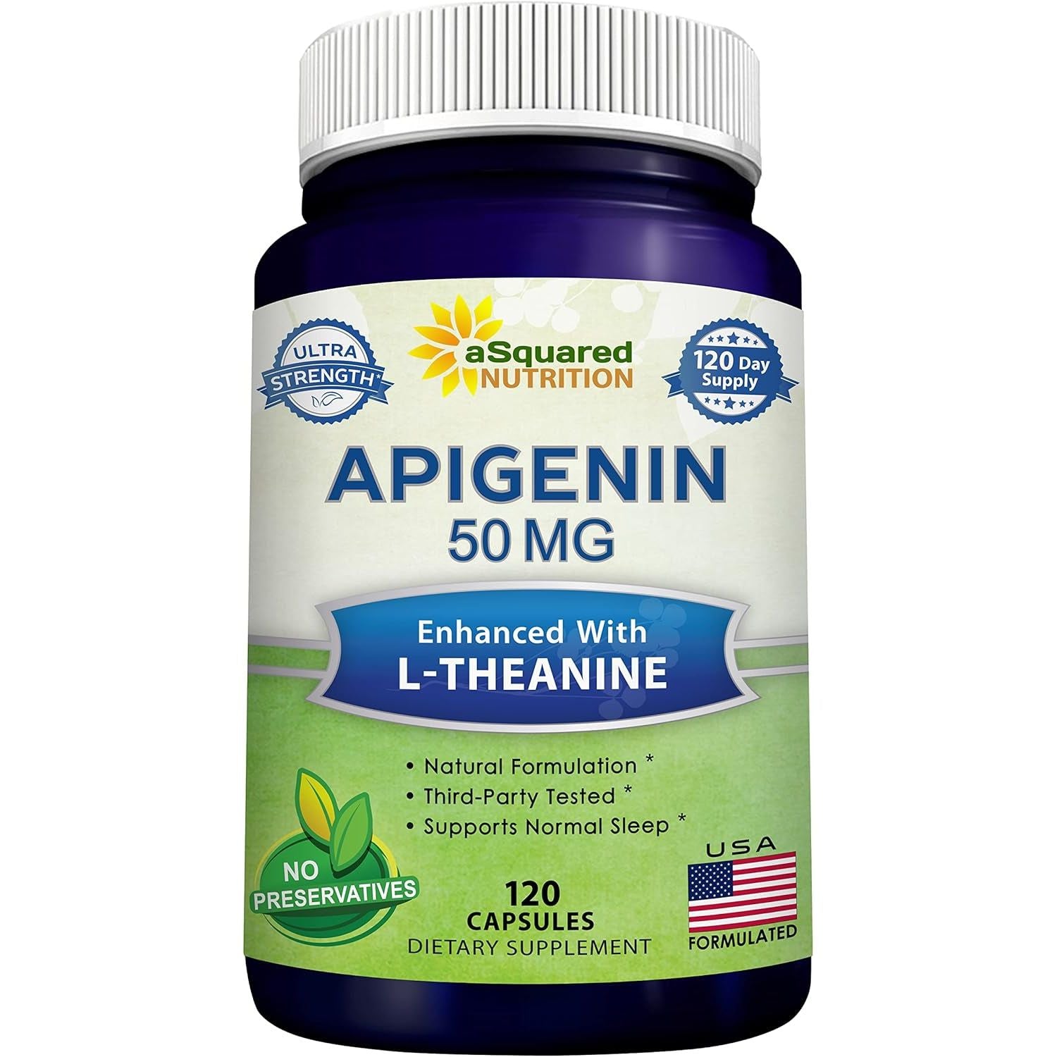 Asquared Nutrition Apigenin 50Mg & L-Theanine 200Mg - 120 Capsules