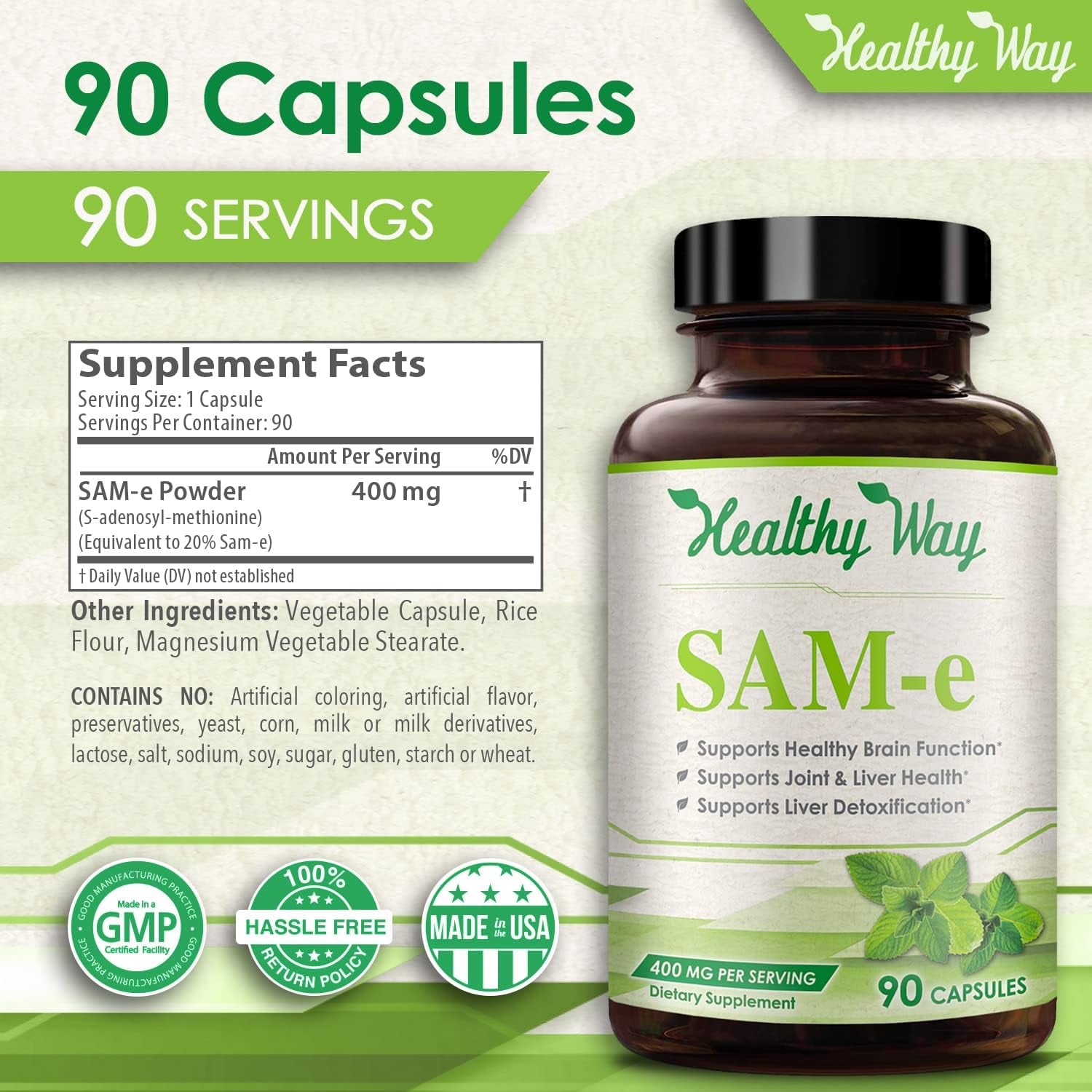 Healthy Way Sam-E - S-Adenosyl Methionine 400Mg, 90 Capsules Non GMO